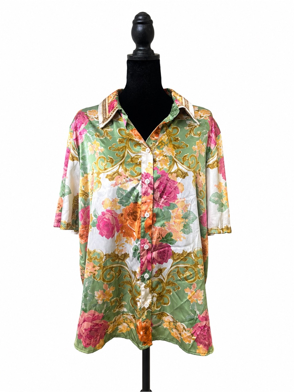 Flying Tomato Green Floral Button-Up with Pink & Orange Accents size L
